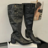 Rivet Belt Buckle Pointed Toe Long Boots
