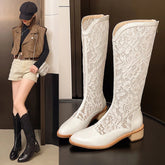 Genuine Leather Printed Pointed Toe Black Mesh Sexy and Elegant Chunky Middle Heel Side Zipper Design Boots