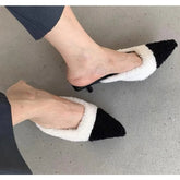Luxury Kitten Heel Furry Mule Slides Women Sexy Slippers Ladies Pointy Toe Stiletto Plush Sandals Winter Party Shoes