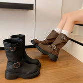 Style Women's Cow Suede Women Boot Buckle Square Toe Mid-calf Boots