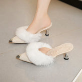 Style Women's Warm Plush Pointed Toe High Heel Winter Mules Slipper Design Thin Heels Flip Flops Pumps Zapatos Mujer