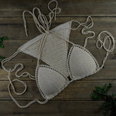 Crochet Bikini Set Boho Chic Two-Piece Swimwear Lace Up Bandage Bikini Bra Thongs Pantiess