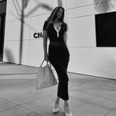 Denim-Collar Buttoned Polo Knit Midi Dress