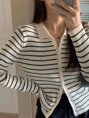 Metal Button Striped Collared Cardigan