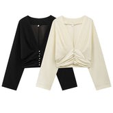 V-Neck Ruched Waist Decor Button Crop Blouse
