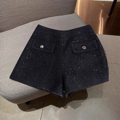 Floral White Faux Pearl Metallic Thread Tweed Shorts