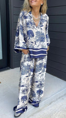 V-neck long-sleeved printed casual suit