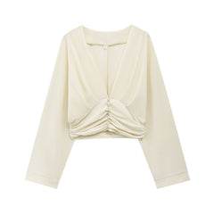 V-Neck Ruched Waist Decor Button Crop Blouse