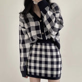 Checkered Wool Blend Button Cardigan And Skirt Set