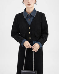 Wool Blend Denim Collar Puff Sleeve Cardigan