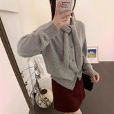 Tie-Neck Metal Button Knit Cardigan