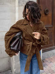 Lapel Suede Effect Belted Trench Coat