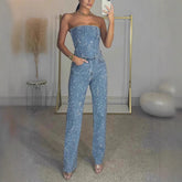 sexy off-shoulder sparkling diamond pants suit