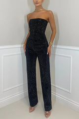 sexy off-shoulder sparkling diamond pants suit