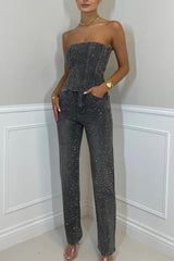 sexy off-shoulder sparkling diamond pants suit