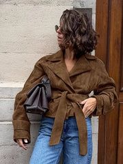 Lapel Suede Effect Belted Trench Coat