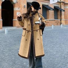 Double-Breasted Fleece Lined Faux Leather Longline Coat