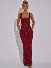 Sparkling Square Neck Sequined Maxi Dress