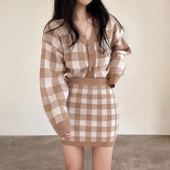 Checkered Wool Blend Button Cardigan And Skirt Set