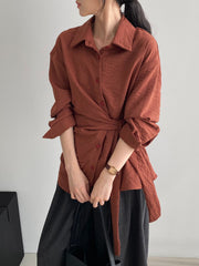 Long Sleeve Wrap-Tie Waist Shirt