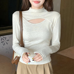 Asymmetric Cut Out Turtleneck Long Sleeve Slinky Top