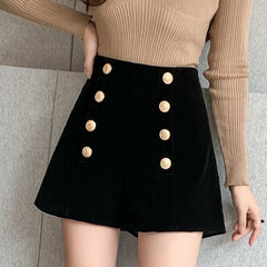 Embellished Button Suede High-Waisted Shorts
