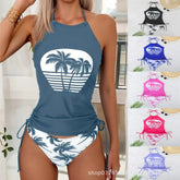 Palm Print Halter Bikini Set Tie Front & Back, Adjustable Triangle Top for Halter Sleeveless Top Set