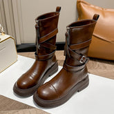 Retro Brown Autumn Ankle Boot Women Cross Tied Buckle Mid Calf Boots