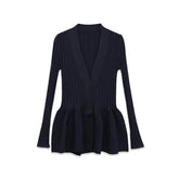 Spring Front Button Bud Navy Blue Knit Mini Dresses Long Sleeve V Neck Chic Outfits