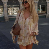Spring Floral Print Short Dresses Lace Up Ruffle O Neck Long Sleeve Holiday Summer Dresses