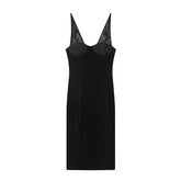 Spring Lace Patchwork V Neck Velvet Dresses