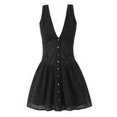 Front Button Sleeveless V Neck Floral Embroidery Black Dresses