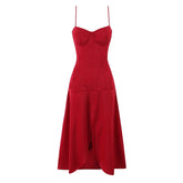 Wine Red Corset Spaghetti Strap Midi Sexy Dresses