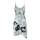 Newspaper Letter Print Irregular Hem Sling Dresses Backless Thin Straps With Chain Summer Sexy Dress