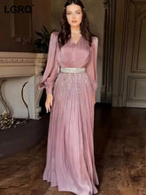 Sexy V-neck Pleated Sheer Long Sleeve Flared Dresses