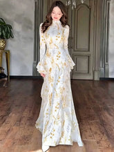 Sweet Printed High Neck Flared Sleeve Ruffle Splicing Dresses