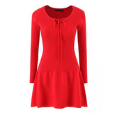 Sexy Lace Up O Neck Red Knit Mini Dresses
