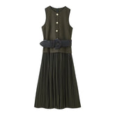 Round Neck Sleeveless With Belt Patchwork Tank Long Dresses