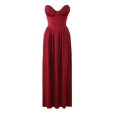 Sexy Elegant Wine Red Pleated Strapless Dresses Fit And Flare Long Evening Party Dresses