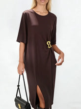 French Style Niche Metal Buckle Design Pleated Waist Short Sleeves Loose Casual Solid Color Dresses Summer