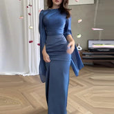 Elegant Batwing Sleeves High Waist Pleats Long Dresses