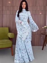 Summer Turtleneck Long Flare Sleeves Printing Elegant Waist-Cinching Formal Dresses