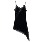 Thin Straps V Neck Lace Trim Velvet Mini Dresses Asymmetrical Sexy Vestidos