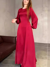 Autumn Tie Waist Puff Sleeve Long Dresses