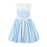 ï»?French Style Sexy Sweet Bow Patchwork Plaid Strapless Mini Dresses