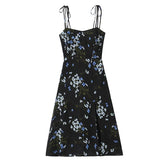 Summer French Style Retro Floral Print Sling Dresses Sexy Hem Slit High Waist A-line Midi Dresses