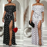 Summer Pleated Split Beach Dresses Polka Dot Printed Mesh Party Dresses