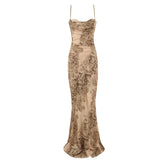 Elegant Golden Printed Satin Spaghetti Strap Maxi Dresses