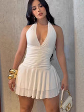 Summer Deep V Sexy Halter Neck Backless Pleated Hem Mini Slim Dresses For Women
