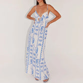 Blue Print V Neck Suspenders Summer Dresses